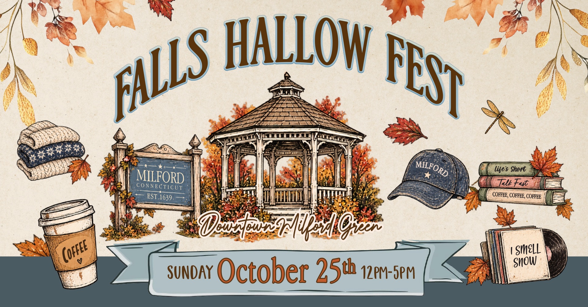 Falls Hallow Fest illustrated poster showing the Milford Green gazebo in fall leaves, Sunday October 25, 12 to 5 PM
