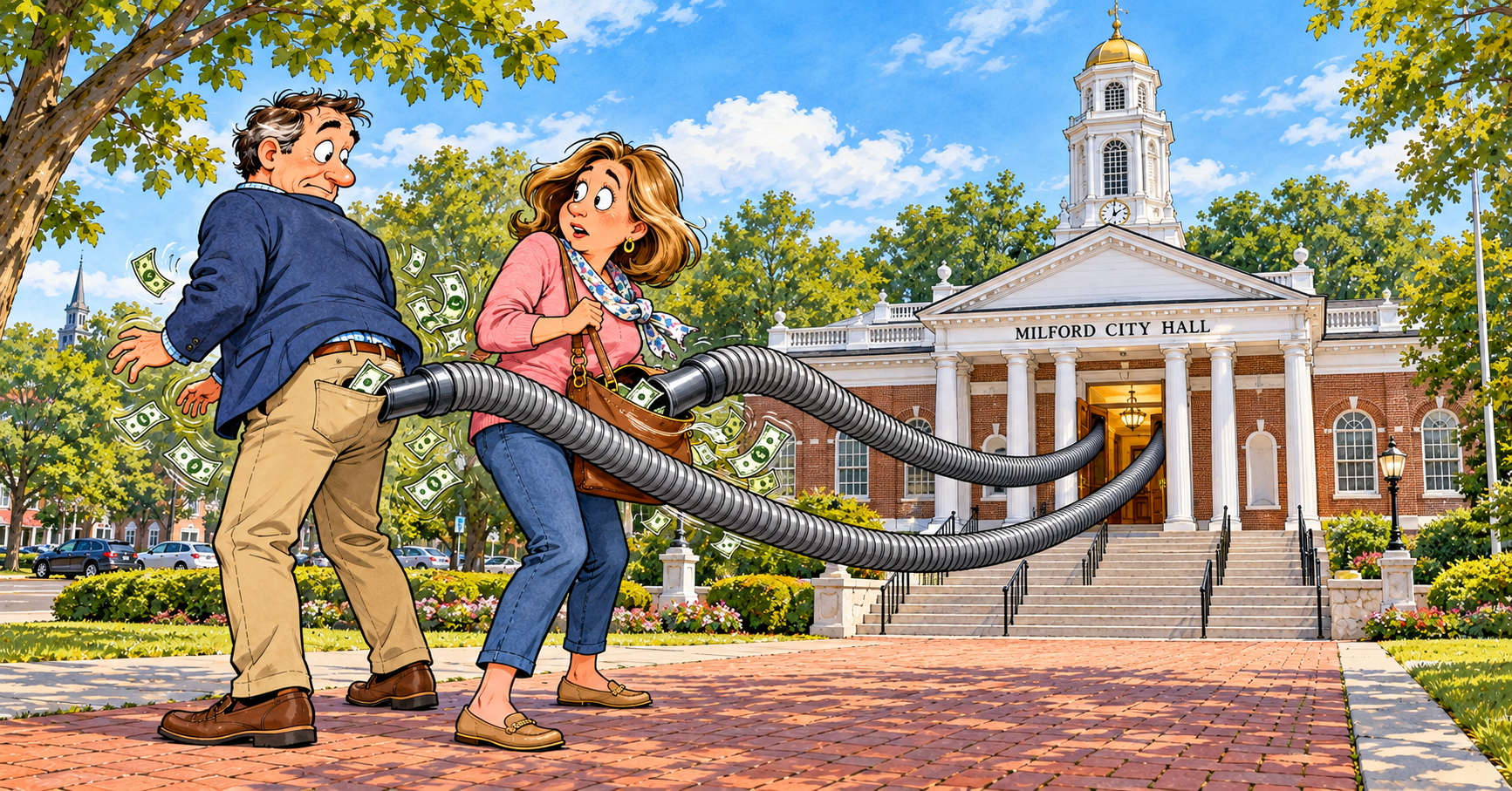 Cartoon of Milford's red-brick City Hall with its white columns and gold-domed clock tower, using vacuum hoses to draw money from a husband's back pocket and his wife's purse.